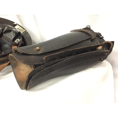 408 - A CIVIL DEFENCE PLASFORT HELMET AND LINING AND TWO PAIRS OF BLACK LEATHER GAITERS