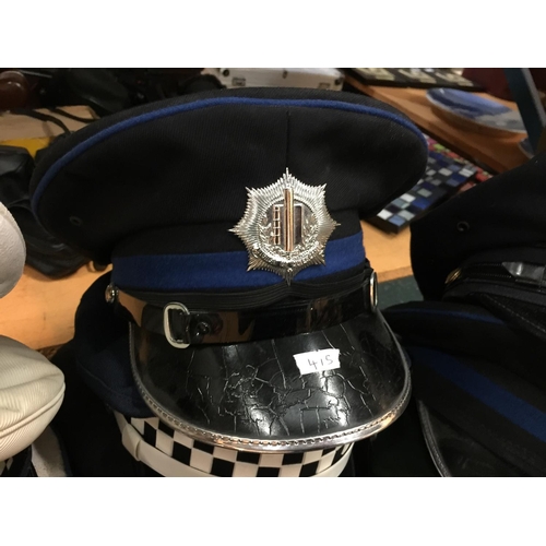 415 - NINE ASSORTED POLICE HATS, TO INCLUDE QUEENSLAND, GERMAN U.S. ETC