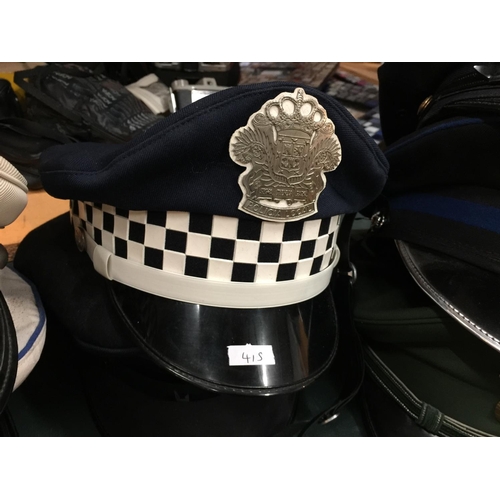 415 - NINE ASSORTED POLICE HATS, TO INCLUDE QUEENSLAND, GERMAN U.S. ETC