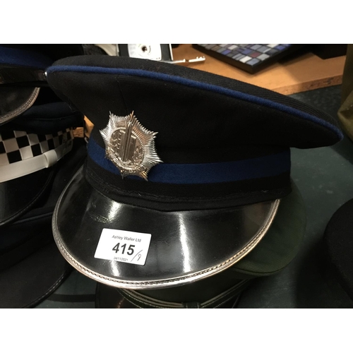 415 - NINE ASSORTED POLICE HATS, TO INCLUDE QUEENSLAND, GERMAN U.S. ETC