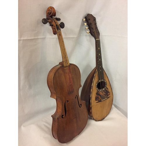 488 - A VINTAGE MANDOLIN TOGETHER WITH VIOLIN (A/F)