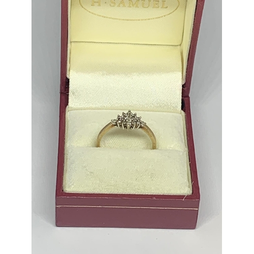 518 - A 9 CARAT GOLD RING WITH DIAMONDS IN A DIAMOND SHAPE DESIGN SIZE 0 WITH PRESENTATION BOX