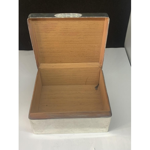 531 - A HALLMARKED LONDON SILVER CIGARETTE BOX WITH ENGRAVING TO THE LID, WOODEN LINED