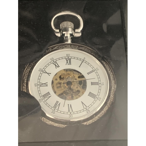 532 - THREE BOXED WHITE METAL POCKET WATCHES WITH SKELETON MOVEMENT