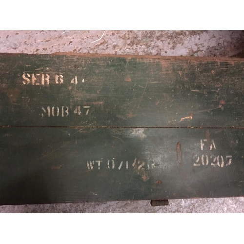 458 - A GREEN PAINTED WOODEN MILITARY BOX, WIDTH 92CM