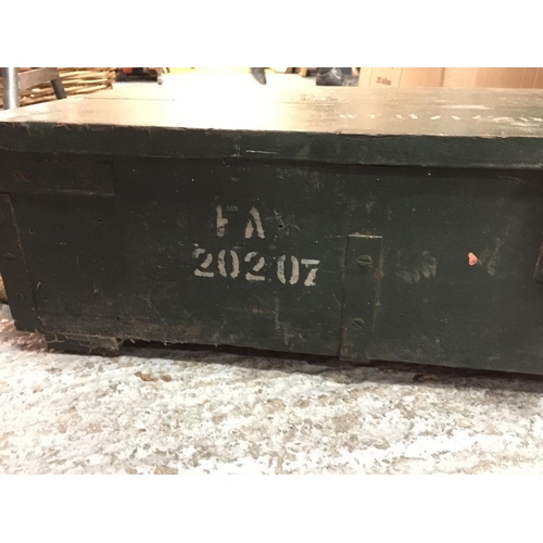 458 - A GREEN PAINTED WOODEN MILITARY BOX, WIDTH 92CM