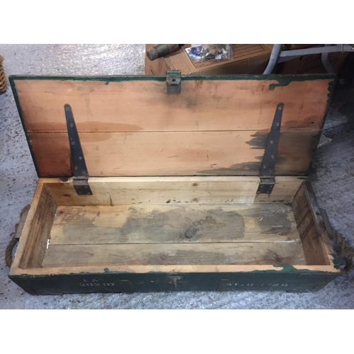 458 - A GREEN PAINTED WOODEN MILITARY BOX, WIDTH 92CM