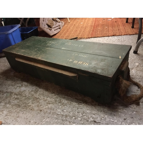 458 - A GREEN PAINTED WOODEN MILITARY BOX, WIDTH 92CM