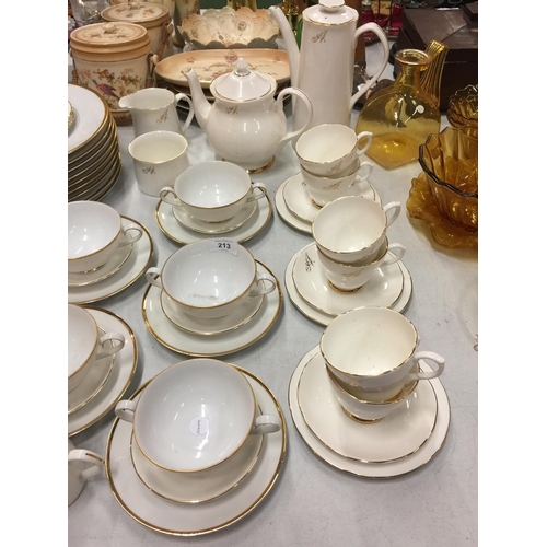 213 - A NORITAKE IRELAND DINNER SERVICE TO INCLUDE PLATES, SOUP BOWLS, MUGS AND A TEASET