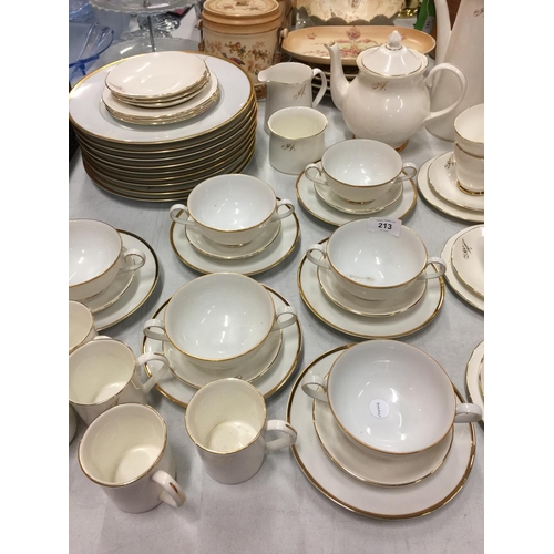 213 - A NORITAKE IRELAND DINNER SERVICE TO INCLUDE PLATES, SOUP BOWLS, MUGS AND A TEASET