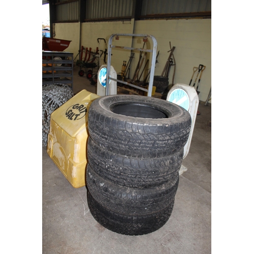 47 - AN ASSORTMENT OF ITEMS TO INCLUDE A GRIT SALT BOX, FOUR TYRES, TWO TRAFFIC SIGNS AND WIRE ETC NO VAT