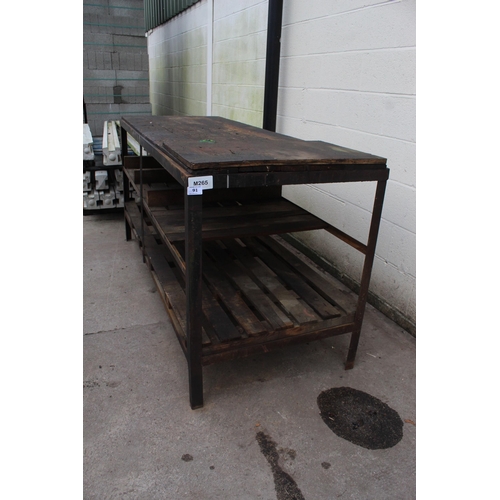 91 - A LARGE INDUSTRIAL WORK BENCH WITH TWO LOWER WOODEN SHELVES +VAT