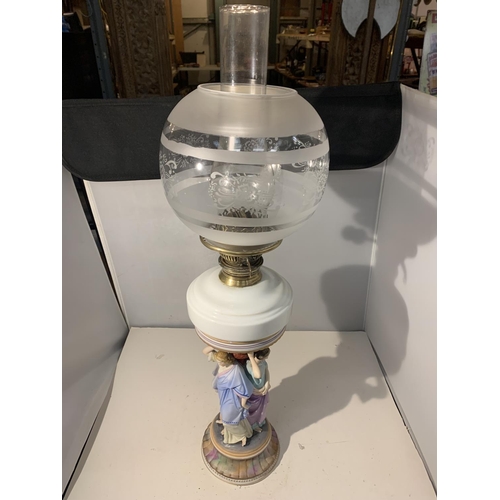 20 - A VINTAGE OIL LAMP DEPICTING THE THREE GRACES WITH FUNNEL AND GLASS SHADE