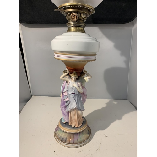 20 - A VINTAGE OIL LAMP DEPICTING THE THREE GRACES WITH FUNNEL AND GLASS SHADE