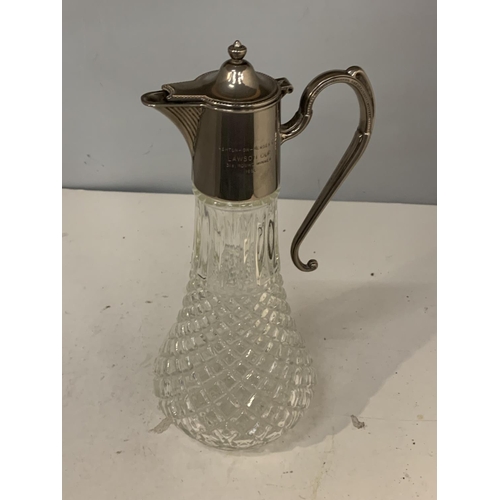 36 - A GLASS CLARET JUG WITH A SILVER PLATED HANDLE AND TOP (ENGRAVED ASHTON ON MERSEY G C LAWSON CUP 3RD... 