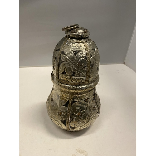 71 - AN ASIAN LOW GRADE SILVER DECORATED LIDDED POT HEIGHT 20CM