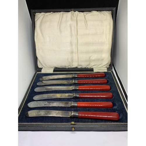 151A - A BOXED SET OF SIX KNIVES WITH HALLMARKED SHEFFIELD COLLARS