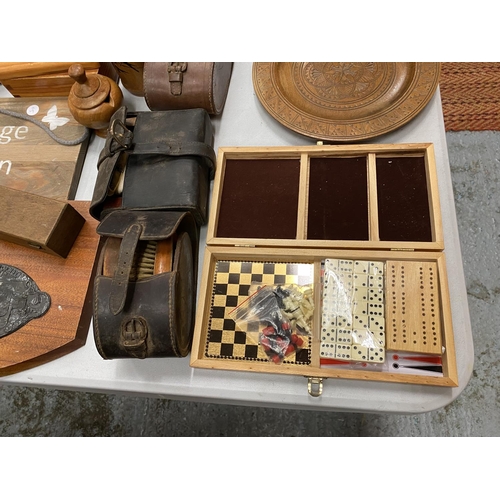 163 - A QUANTITY OF TREEN COLLECTABLE ITEMS TO INCLUDE, BOWLS, BOXES, SIGNS, PLUS THREE CASED SHOE SHINING... 