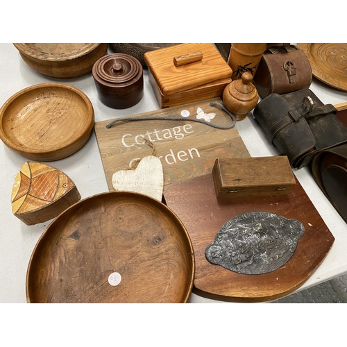 163 - A QUANTITY OF TREEN COLLECTABLE ITEMS TO INCLUDE, BOWLS, BOXES, SIGNS, PLUS THREE CASED SHOE SHINING... 