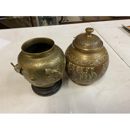 163A - AN ORNASTE LIDDED JAR STAMPED WITH MADE IN BRITISH INDIA HEIGHT 18CM AND A BRASS JAR DECORATED WITH ... 