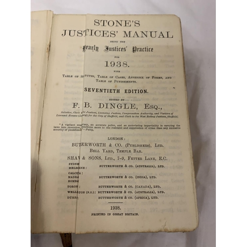 348 - A VINTAGE 70TH EDITION HARDBACK STONE'S JUSTICES' MANUAL BY F.B.DINGLE. PUBLISHED BY BUTTERWORTH & C... 