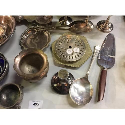 495 - A QUANTITY OF SILVER PLATED ITEMS TO INCLUDE, GOBLETS, CANDLEABRA, PLATES, POTS, ETC