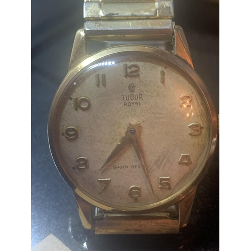 504 - A VINTAGE TUDOR ROYAL BY ROLEX WRISTWATCH WITH A 9 CARAT GOLD CASE AND YELLOW METAL STRAP