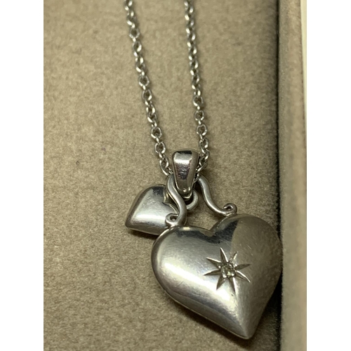 636 - A BOXED HOT DIAMONDS DOUBLE HEART PENDANT IN A PRESENTATION BOX