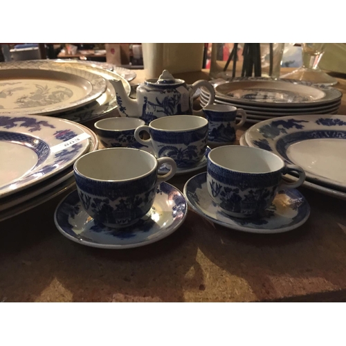 803 - A QUANTITY OF BLUE AND WHITE CERAMICS TO INCLUDE CAULDON PLATES, WOOD & SONS PLATTERS, CUPS, SAUCERS... 