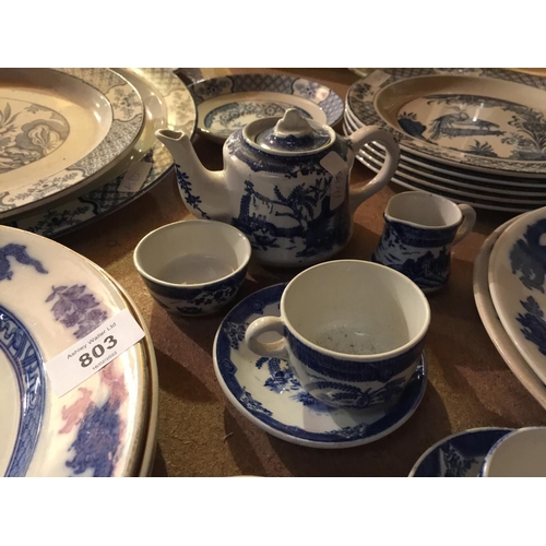 803 - A QUANTITY OF BLUE AND WHITE CERAMICS TO INCLUDE CAULDON PLATES, WOOD & SONS PLATTERS, CUPS, SAUCERS... 