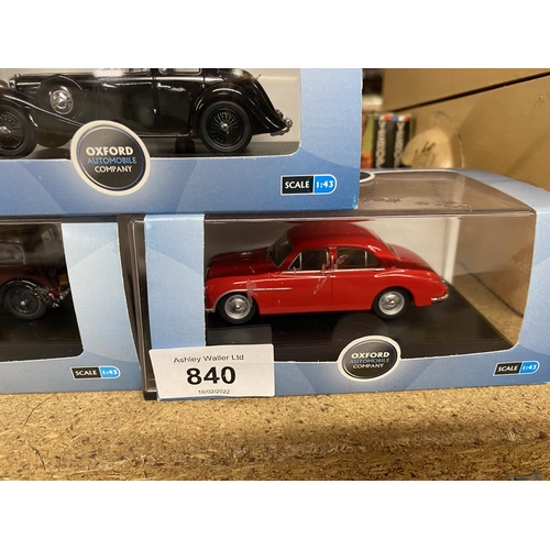 840 - THREE BOXED OXFORD DIE CAST MODELS TO INCLUDE A SCALE 1:43 BLACK JAGUAR, AN AUSTIN RUBY SALOON AND A... 