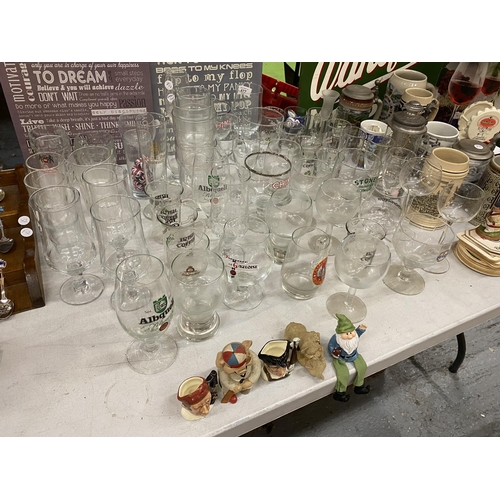 877 - A LARGE AMOUNT OF COLLECTABLES TO INCLUDE, GLASSES, STEINS, SMALL TOBY JUGS, BEER MATS, ETC