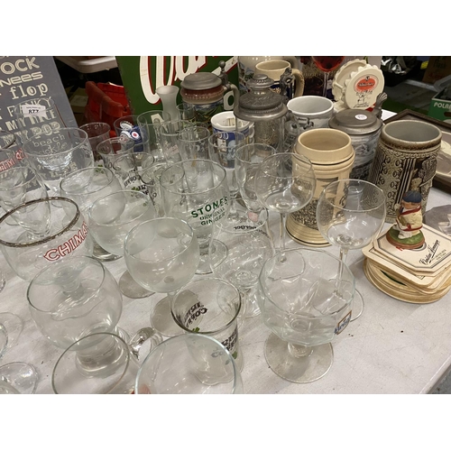 877 - A LARGE AMOUNT OF COLLECTABLES TO INCLUDE, GLASSES, STEINS, SMALL TOBY JUGS, BEER MATS, ETC