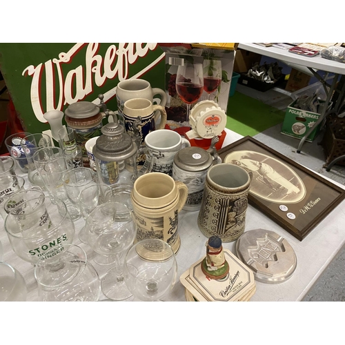 877 - A LARGE AMOUNT OF COLLECTABLES TO INCLUDE, GLASSES, STEINS, SMALL TOBY JUGS, BEER MATS, ETC