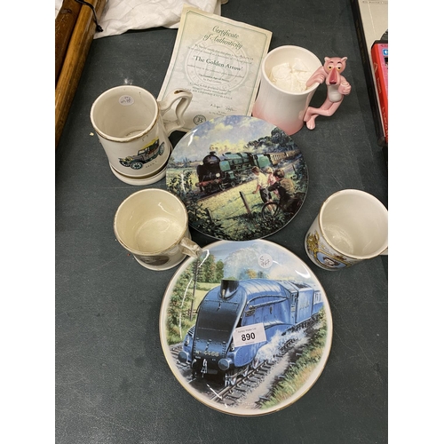 890 - TWO RAILWAY THEMED STEAM ENGINE PLATES PLUS FOUR COLLECTABLE MUGS