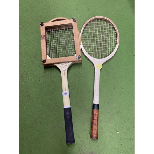 898 - TWO VINTAGE WOODEN TENNIS RACKETS, ONE WITH THE WOODEN FRAME