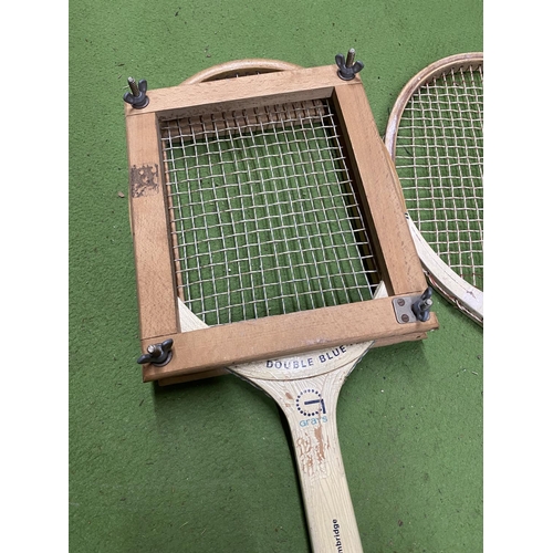 898 - TWO VINTAGE WOODEN TENNIS RACKETS, ONE WITH THE WOODEN FRAME