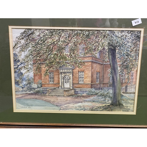 918 - A FRAMED WATERCOLOUR OF BARLASTON HALL SIGNED A C WHITE 1973, SIZE 77CM X 55CM