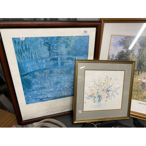 931 - THREE FRAMED PRINTS TO INCLUDE TWO MONET