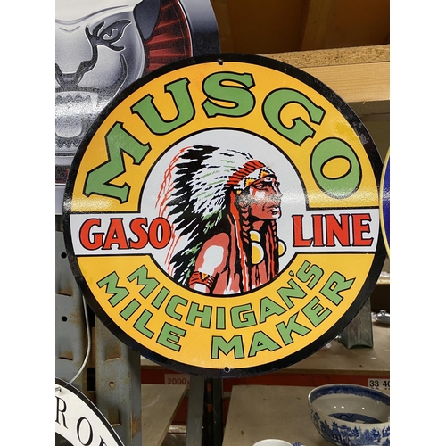 949 - A MUSGO GASOLINE ROUND METAL SIGN