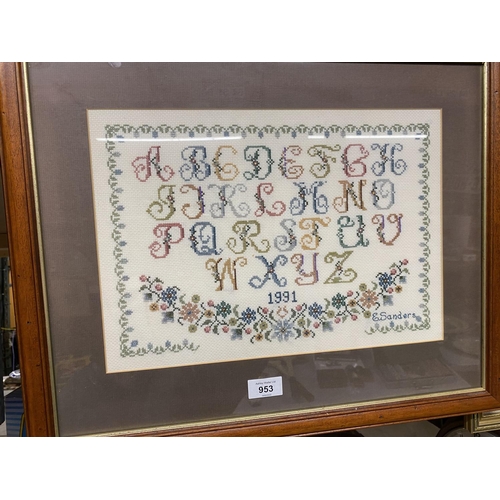 953 - THREE FRAMED TAPESTRIES WITH IMAGES OF THE ALPHABET, FLOWERS, AND ANIMALS