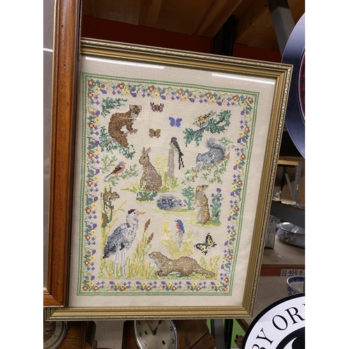 953 - THREE FRAMED TAPESTRIES WITH IMAGES OF THE ALPHABET, FLOWERS, AND ANIMALS