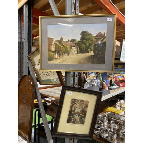 956 - TWO FRAMED PRINTS, ONE SIGNED WITH A CANAL SCENE AND THE OTHER A RURAL STREET SCENE