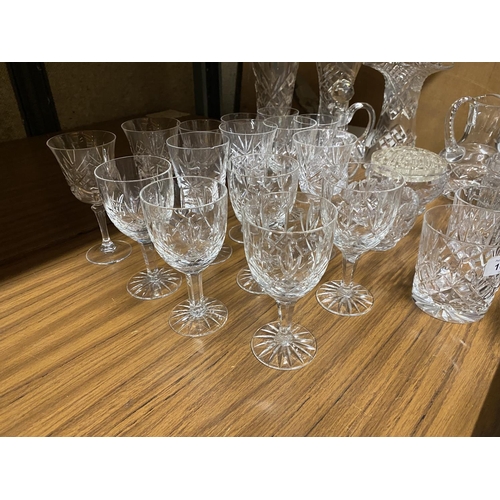 1001 - A QUANTITY OF CUTGLASS GLASSES TO INCLUDE WINE, SHERRY, PORT, VASES, ROSE BOWL, ETC