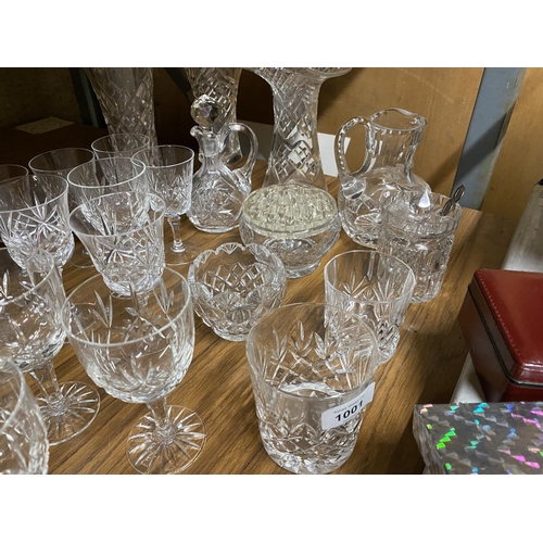 1001 - A QUANTITY OF CUTGLASS GLASSES TO INCLUDE WINE, SHERRY, PORT, VASES, ROSE BOWL, ETC