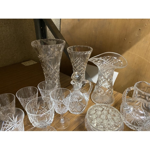 1001 - A QUANTITY OF CUTGLASS GLASSES TO INCLUDE WINE, SHERRY, PORT, VASES, ROSE BOWL, ETC