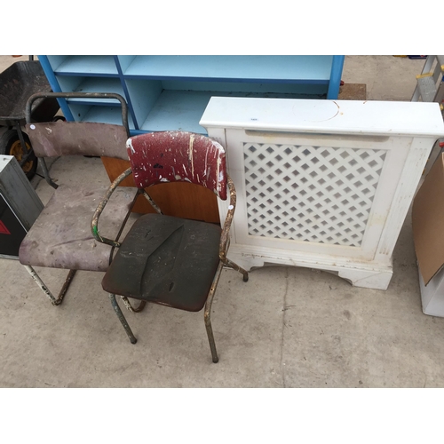 1455 - AN ASSORTMENT OF ITEMS TO INCLUDE A SHELVING UNIT, RADIATOR COVER, A CUPBOARD AND TWO VINTAGE CHAIRS