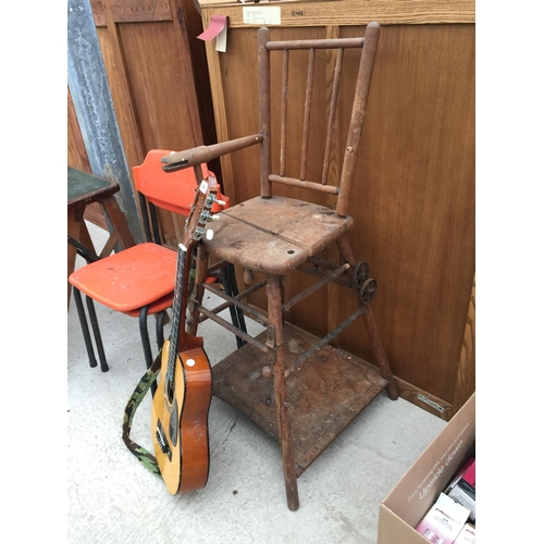 1497 - AN ASSORTMENT OF VINTAGE ITEMS TO INCLUDE A HIGH CHAIR, TWO STACKING CHAIRS AND A GUITAR