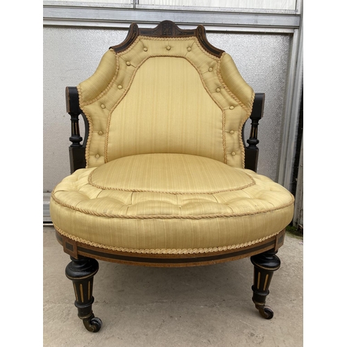 2002 - A VICTORIAN EBONISED NURSING CHAIR WITH BRASS CATCHES TO THE BACK, POSSIBLY ONCE PART OF A CONVERSAT... 