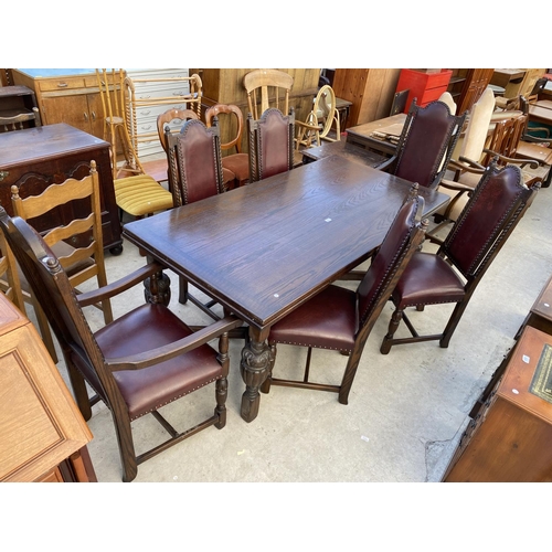 2047 - AN OAK JAYCEE JACOBEAN STYLE DRAW-LEAF REFECTORY STYLE DINING TABLE, 60 X 36